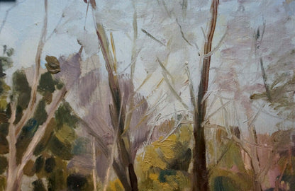 Oil painting of impenetrable winter forest with bare trunks, muted tones