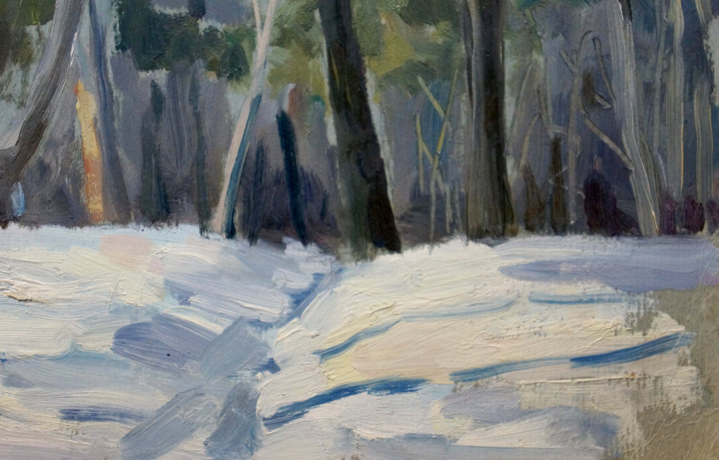 Impressionistic oil painting of impenetrable snowy winter forest path