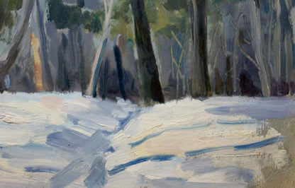 Impressionistic oil painting of impenetrable snowy winter forest path