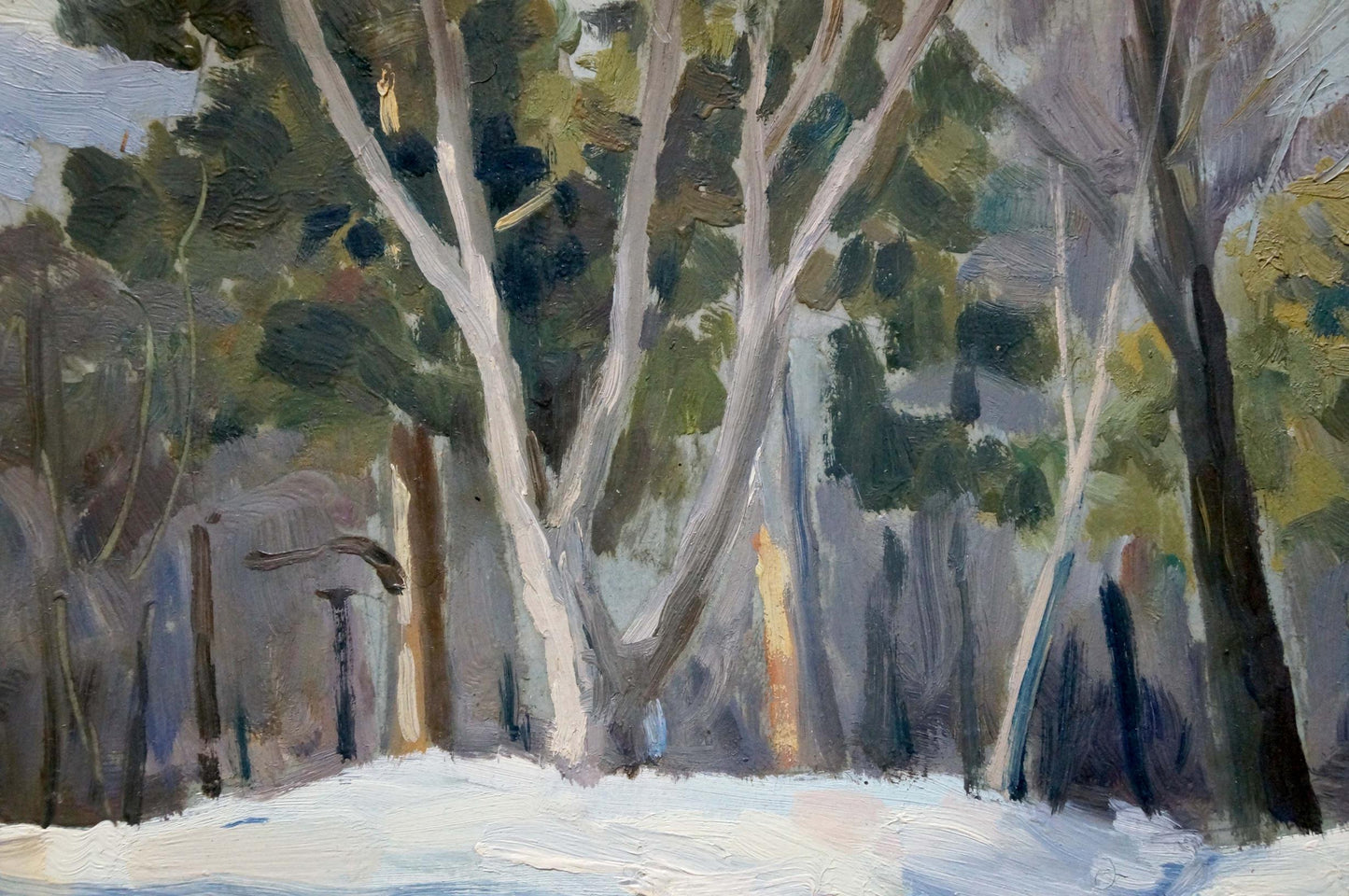 Oil painting of impenetrable winter forest with snowy trees by unknown artist