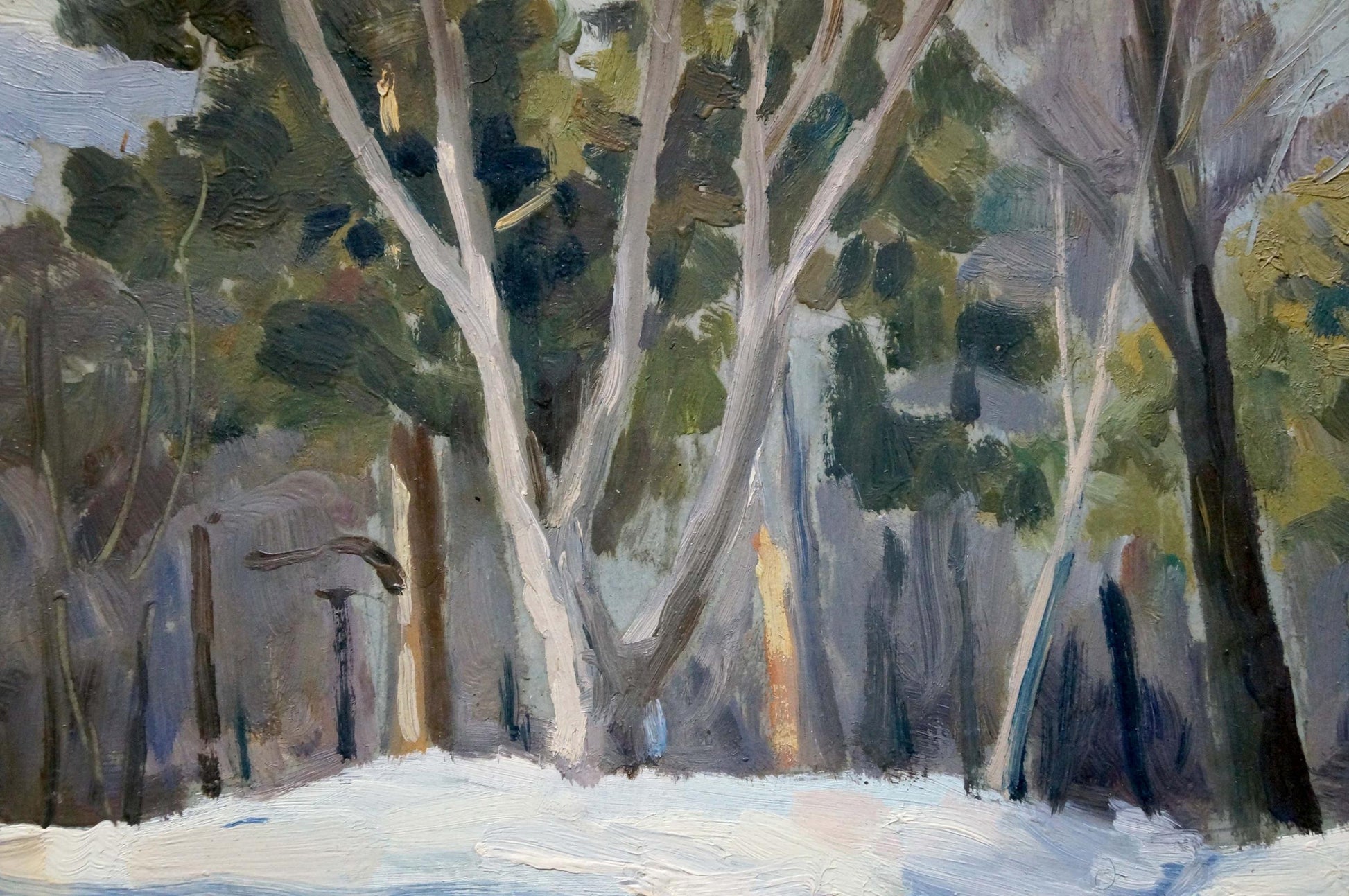 Oil painting of impenetrable winter forest with snowy trees by unknown artist