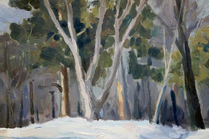 Oil painting of impenetrable winter forest with snowy trees by unknown artist