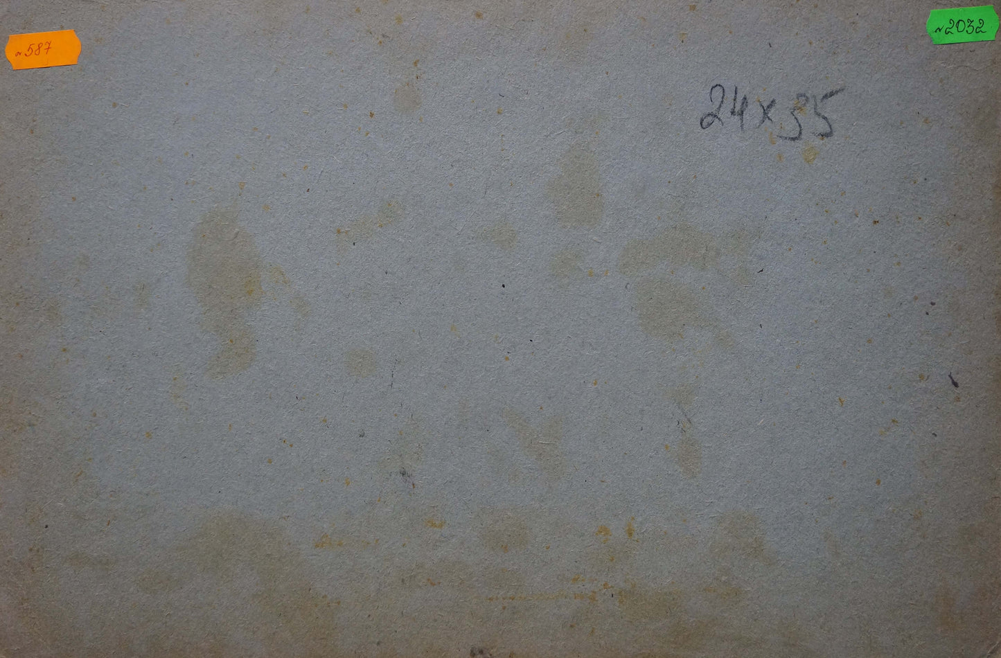 Back of beige textured canvas panel for Oil painting Impenetrable winter forest with stains and handwritten dimensions