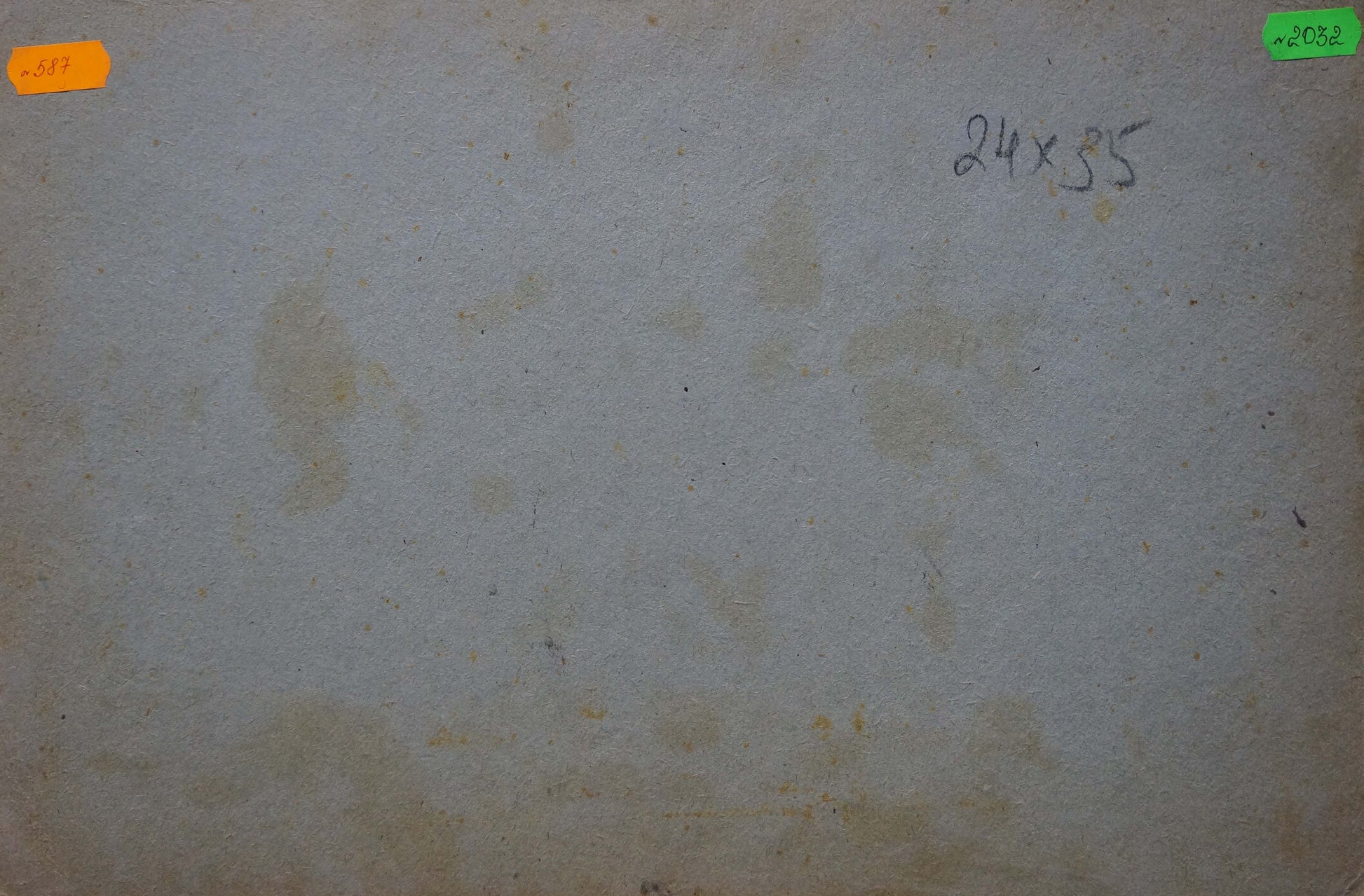 Back of beige textured canvas panel for Oil painting Impenetrable winter forest with stains and handwritten dimensions