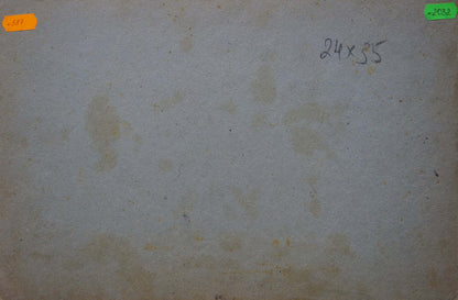 Back of beige textured canvas panel for Oil painting Impenetrable winter forest with stains and handwritten dimensions