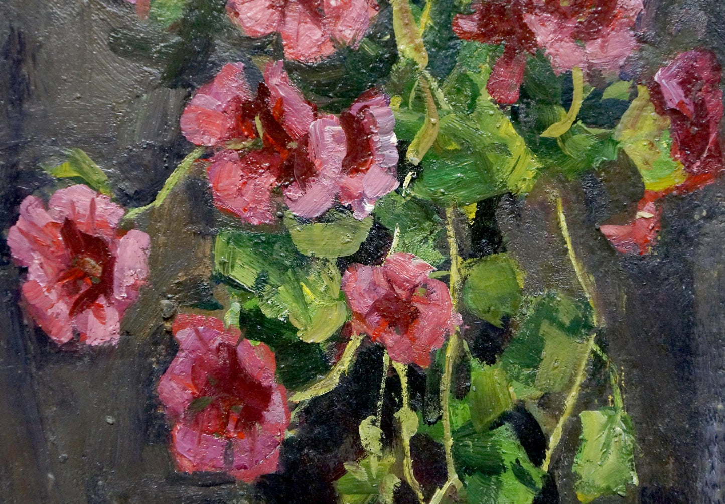Vibrant oil painting Crimson Bouquet in a Vase by Petr Volsky, pink roses and green leaves in impasto on dark background