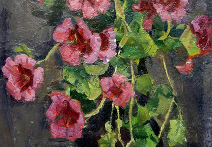 Vibrant oil painting Crimson Bouquet in a Vase by Petr Volsky, pink roses and green leaves in impasto on dark background