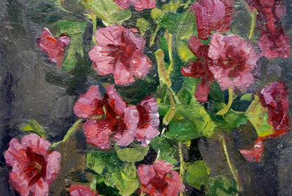 Vibrant pink roses in vase with lush green leaves, Crimson Bouquet oil painting by Petr Volsky