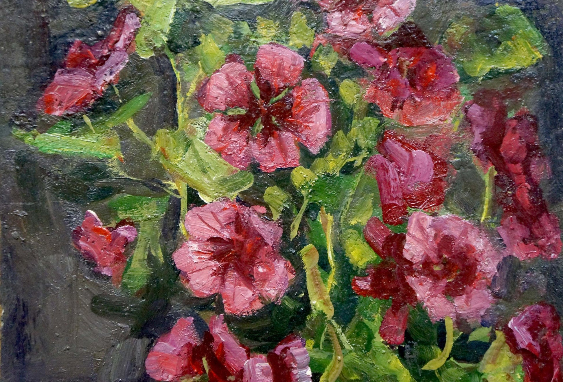 Vibrant oil painting Crimson Bouquet in a Vase by Petr Volsky, pink red flowers