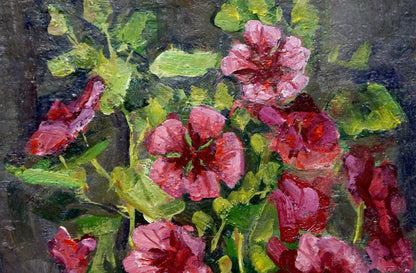 Vibrant oil painting Crimson Bouquet in a Vase by Petr Volsky, pink red flowers