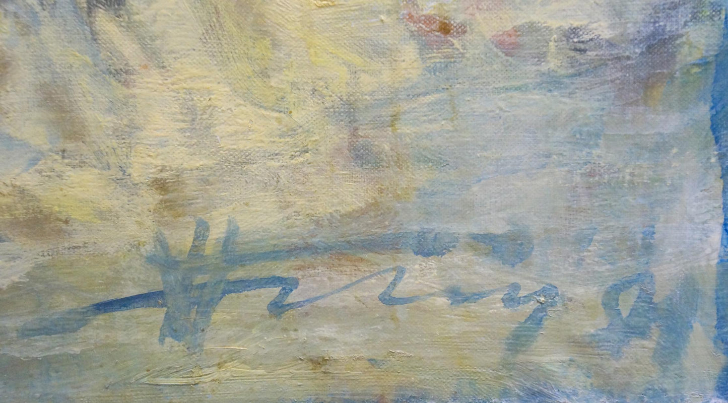Abstract oil portrait of girl by Prokopenko with blue signature on textured canvas