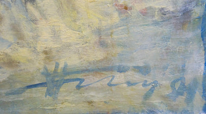 Abstract oil portrait of girl by Prokopenko with blue signature on textured canvas