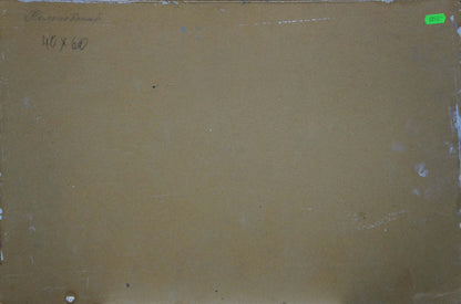 Back of Golden Autumn oil painting by Kolosovsky Georgy Sergeevich with beige canvas, handwritten dimensions and green price sticker