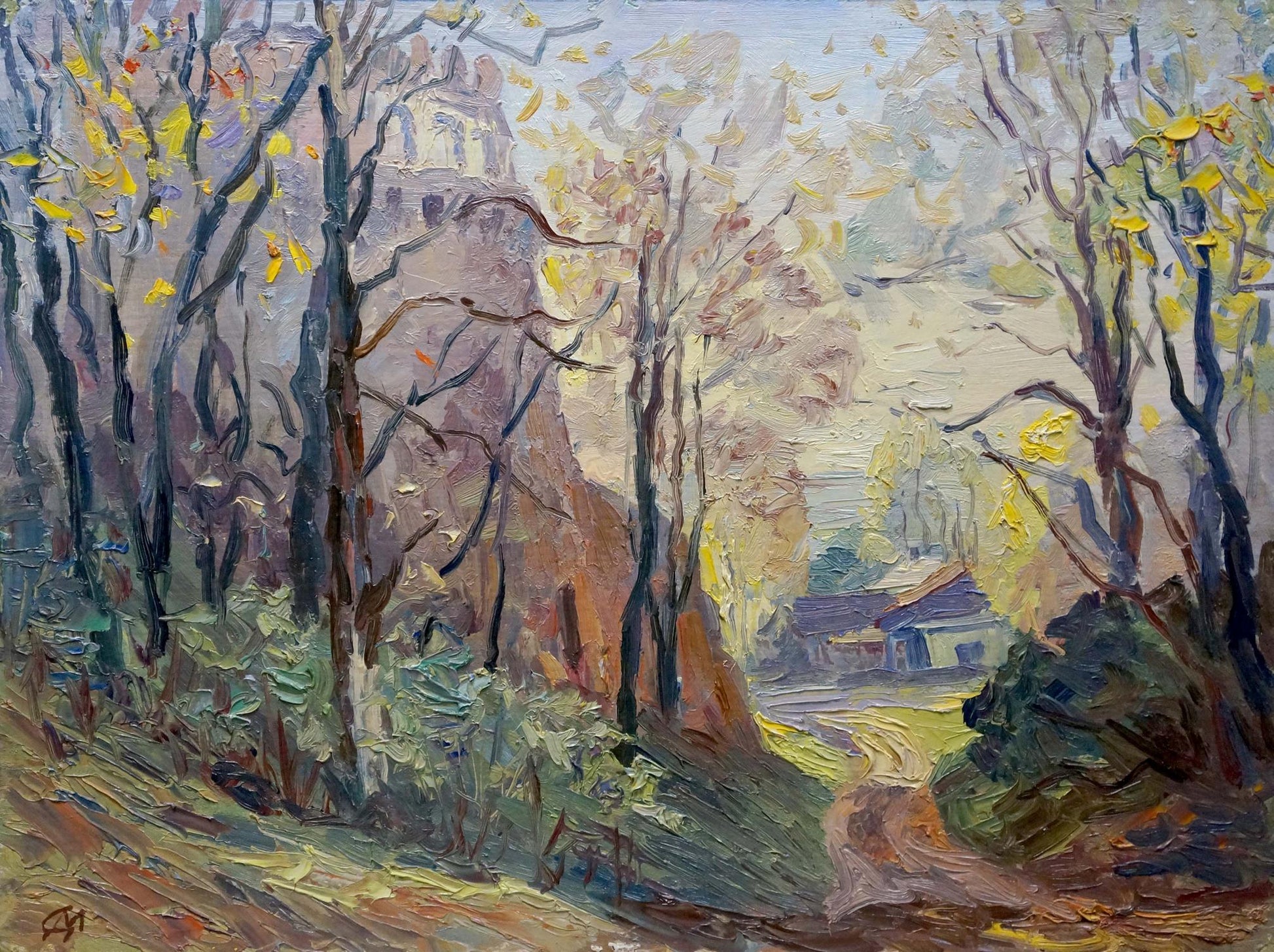 Impressionistic oil painting Autumn has come: autumn forest with bare trees