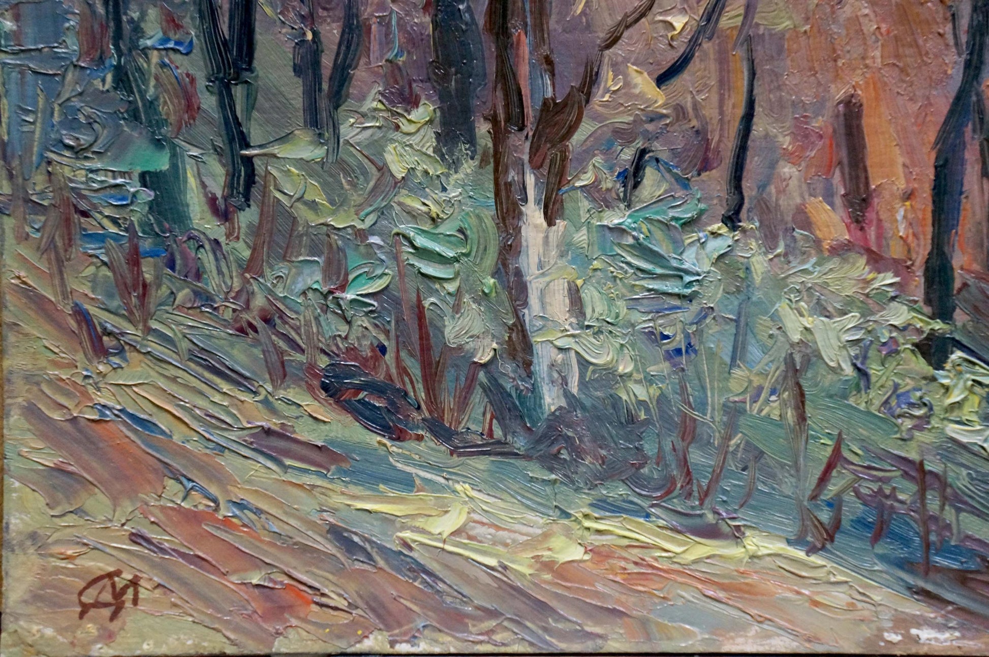 Impressionistic autumn forest oil painting with thick textured brushstrokes