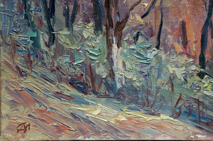Impressionistic autumn forest oil painting with thick textured brushstrokes