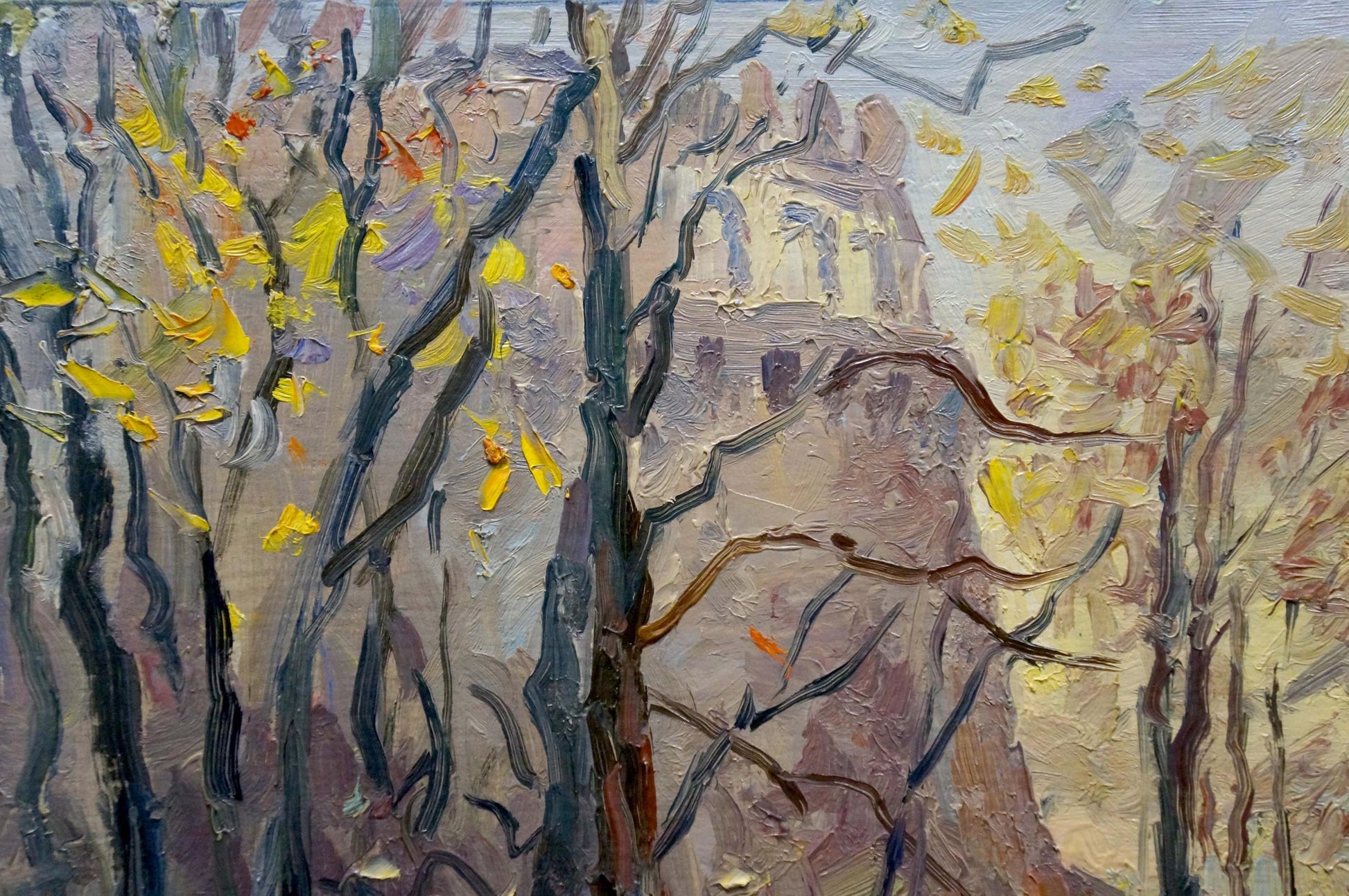 Oil painting Autumn has come: impressionistic autumn trees in yellow, orange, brown