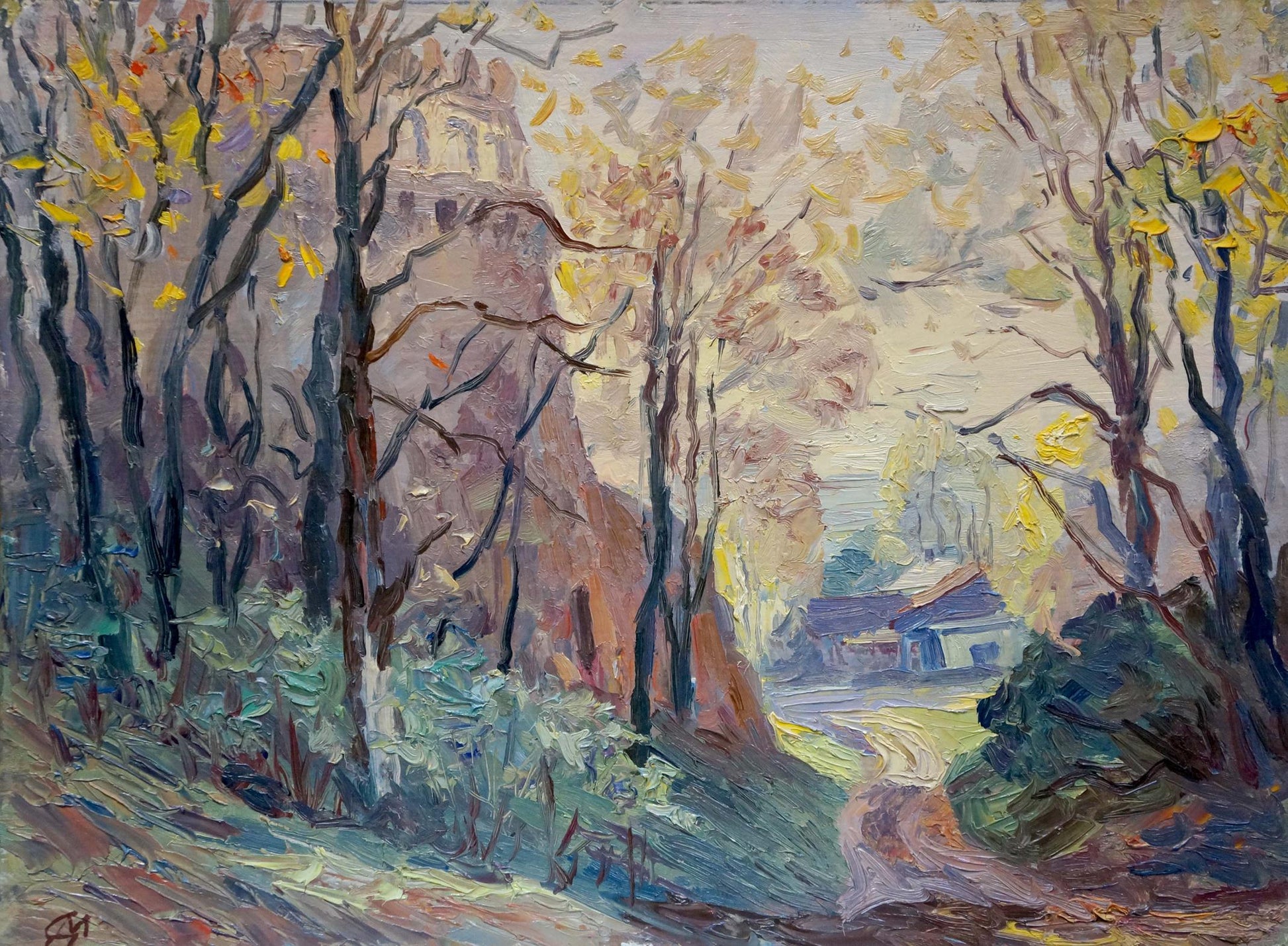 Oil painting Autumn has come: impressionistic forest in yellows, browns, blue sky