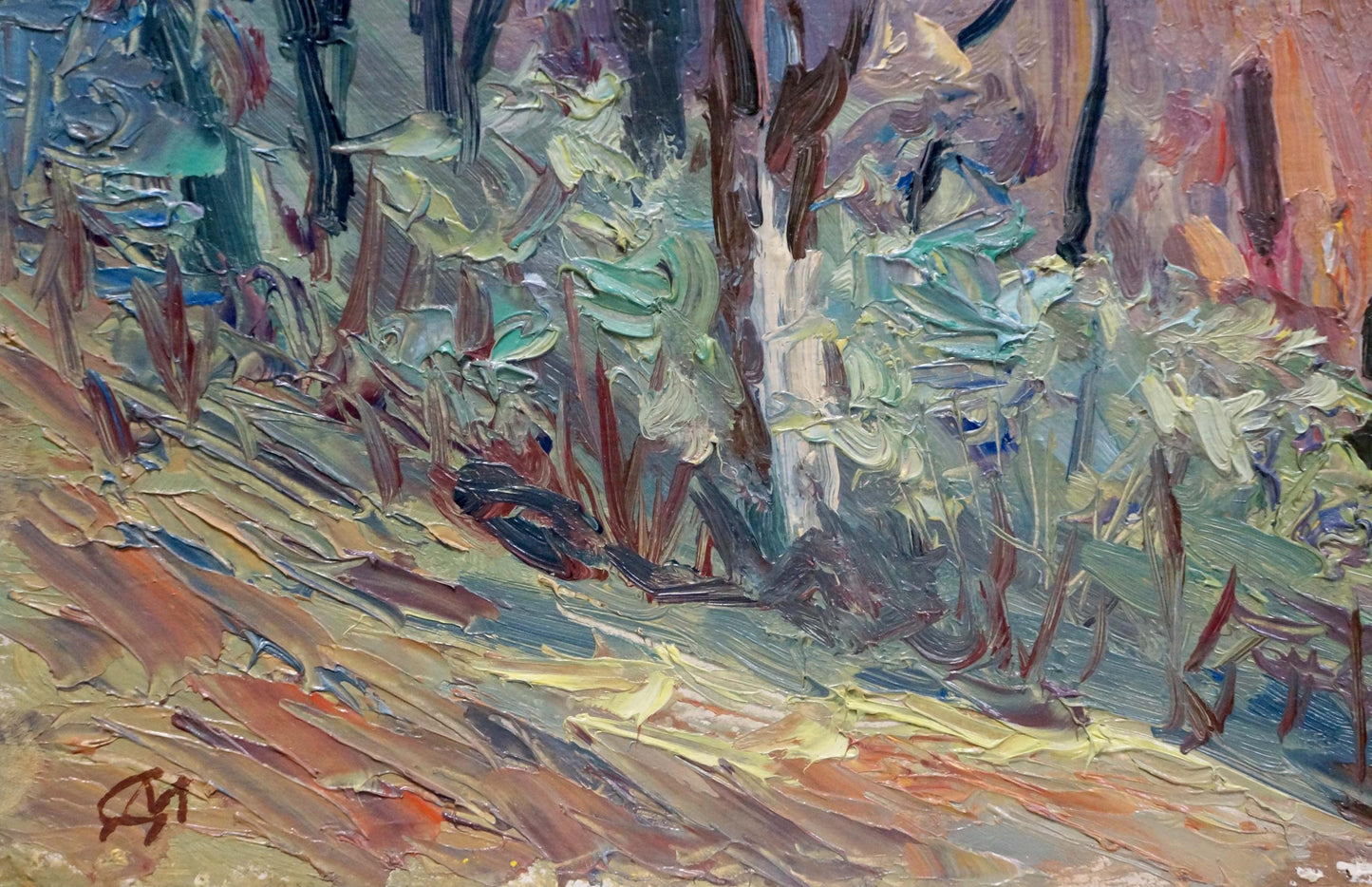 Impressionistic oil painting of autumn forest in earthy tones and vibrant greens