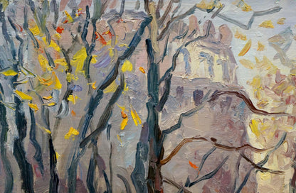 Oil painting Autumn has come: impressionistic bare branches with yellow orange leaves