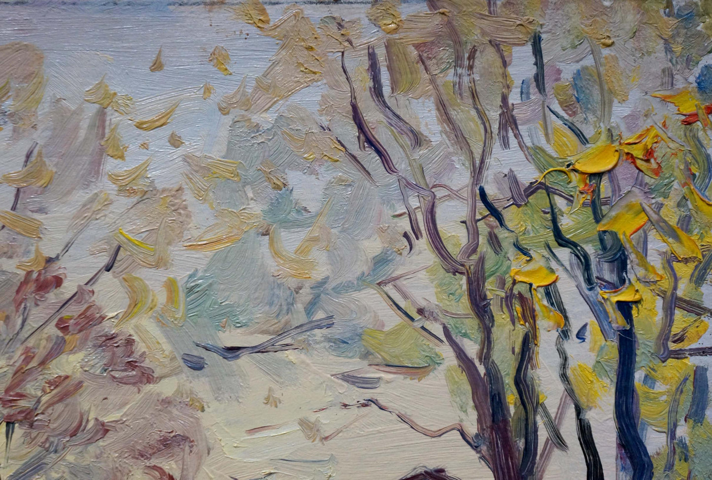 Oil painting Autumn has come: impressionist bare branches with yellow green leaves on blue white background