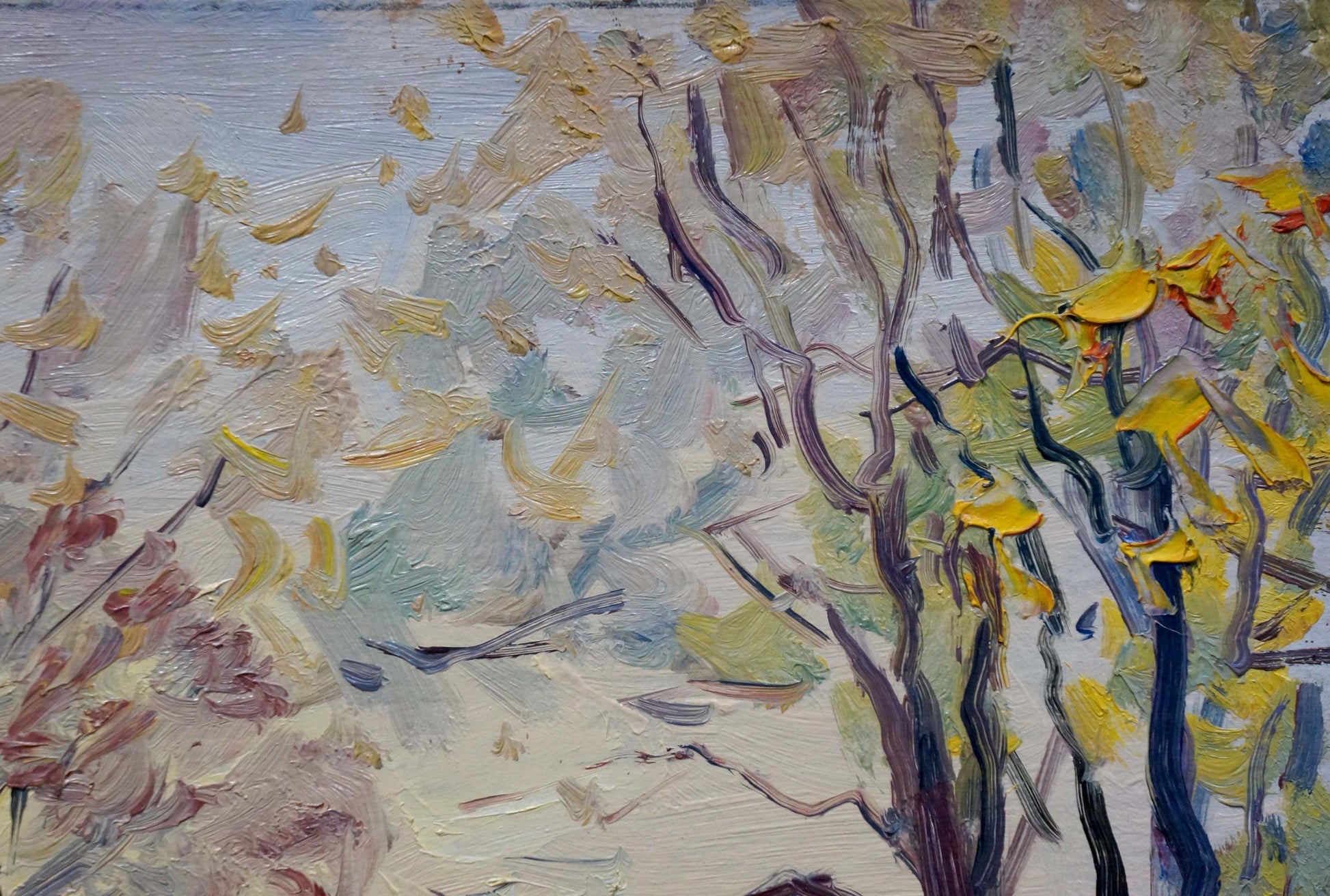 Oil painting Autumn has come: impressionist bare branches with yellow green leaves on blue white background
