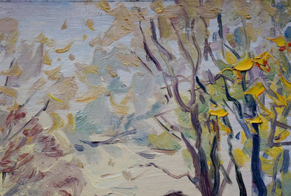 Oil painting Autumn has come: impressionist bare branches with yellow green leaves on blue white background