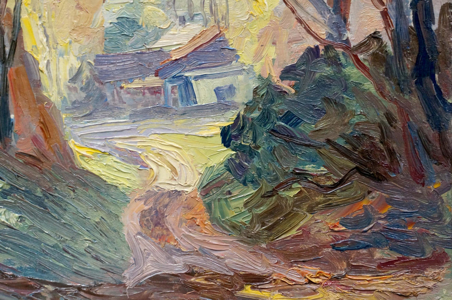 Oil painting Autumn has come: impressionistic path through vibrant foliage