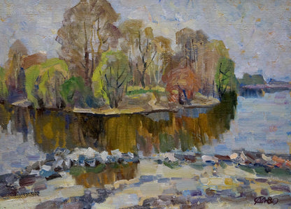 Textured impressionist oil painting of autumn forest near riverbank reflection
