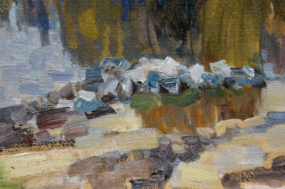 Textured oil painting of forest near river with broken objects in earth tones