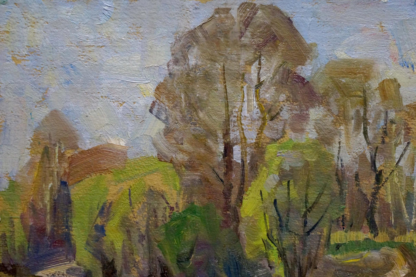 Textured oil painting of forest near river with impressionistic trees