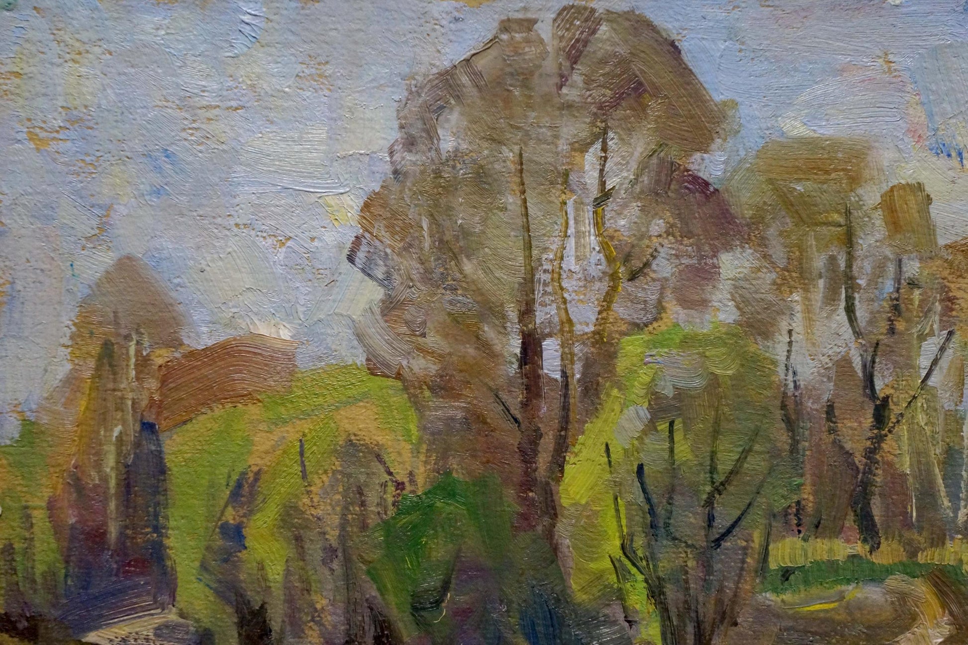 Textured oil painting of forest near river with impressionistic trees