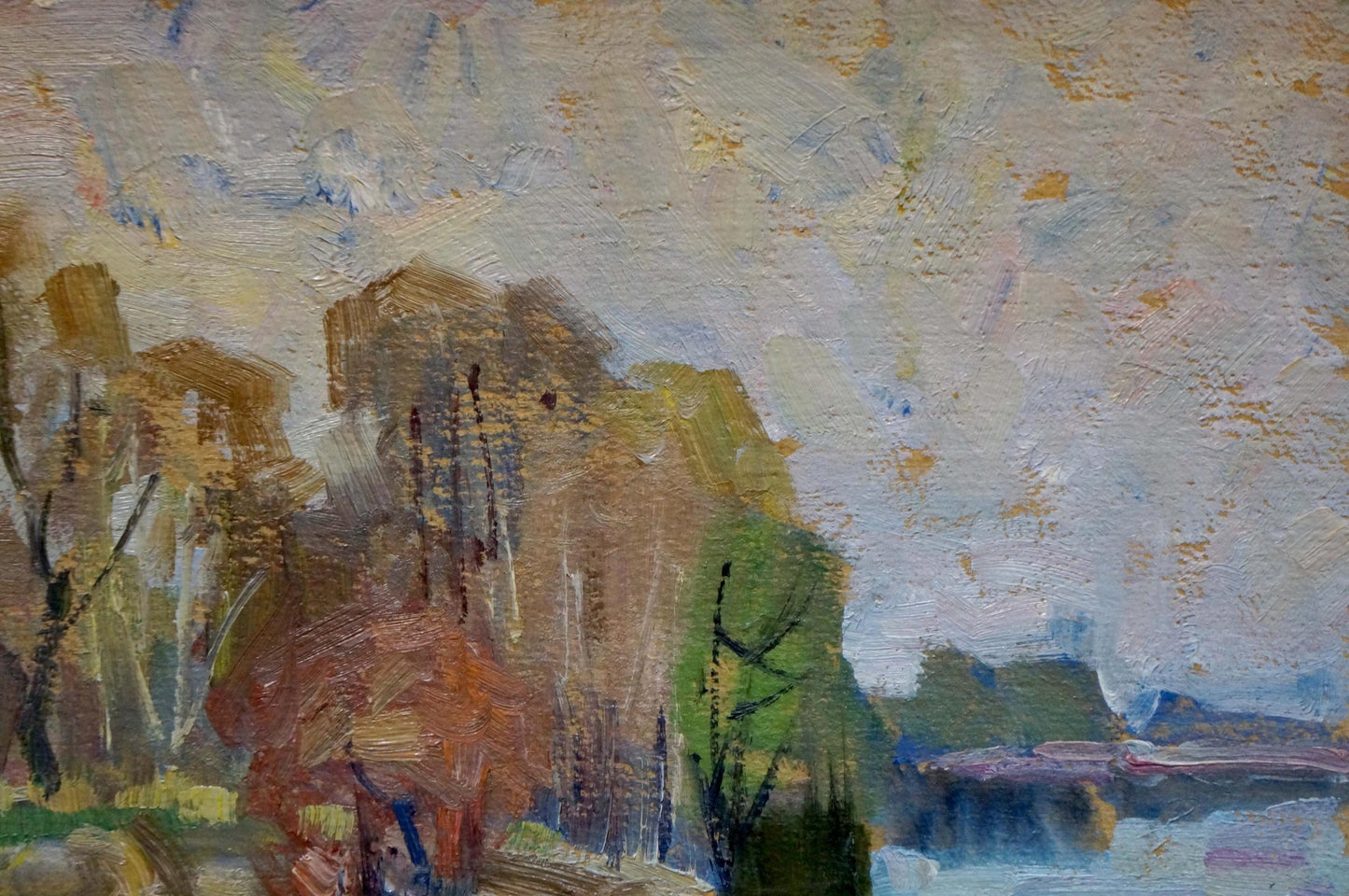Impressionistic oil painting of forest near river by unknown artist