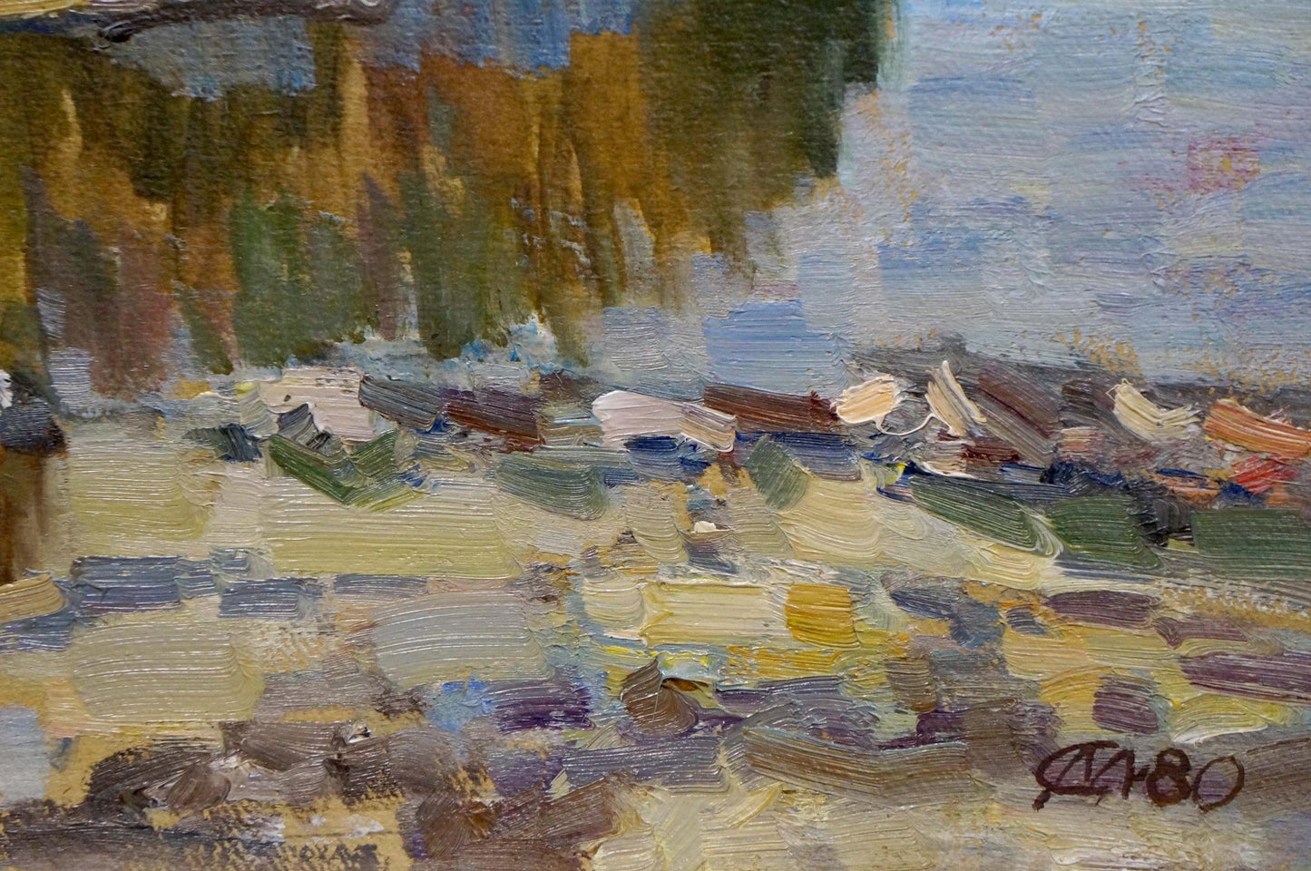 Impressionistic oil painting of forest near river with boats in muted tones