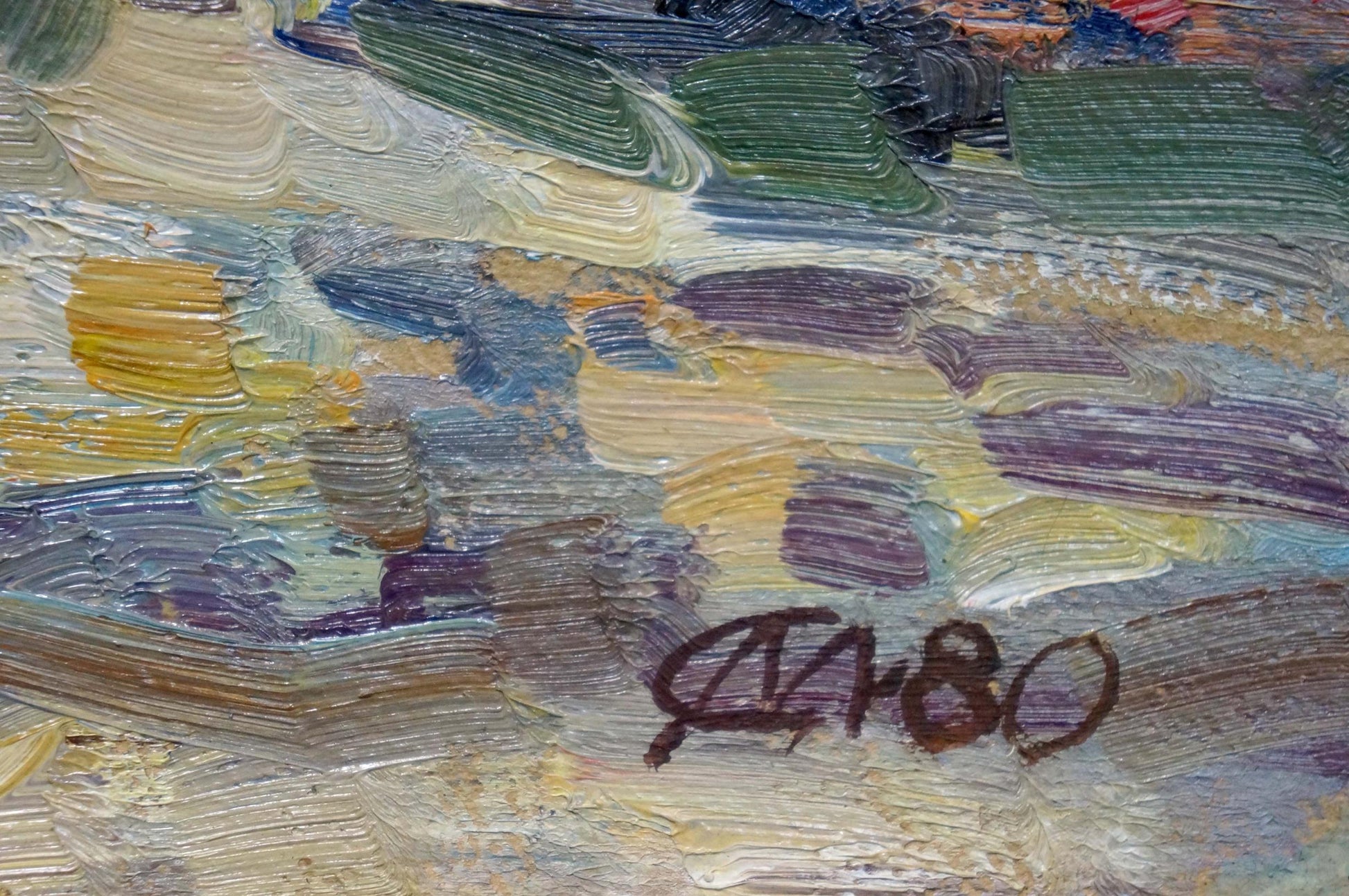 Textured impasto oil painting of forest near river in green, blue, yellow, purple