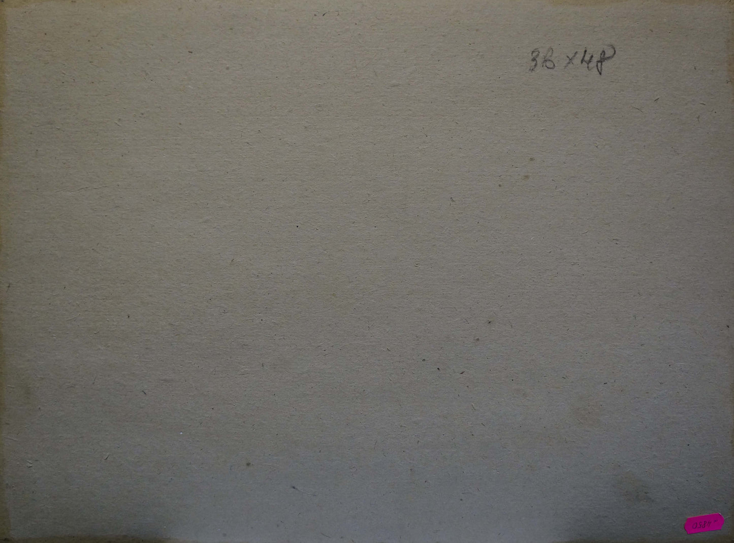 Back of oil painting Forest near the river with off-white textured paper, handwritten dimensions, pink sticker