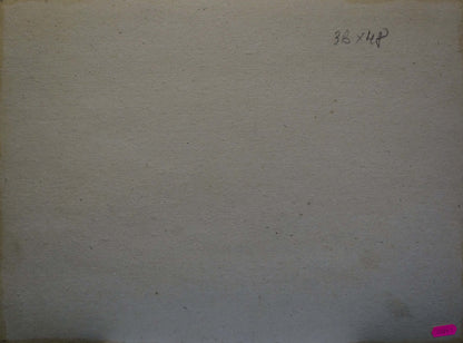 Back of oil painting Forest near the river with off-white textured paper, handwritten dimensions, pink sticker