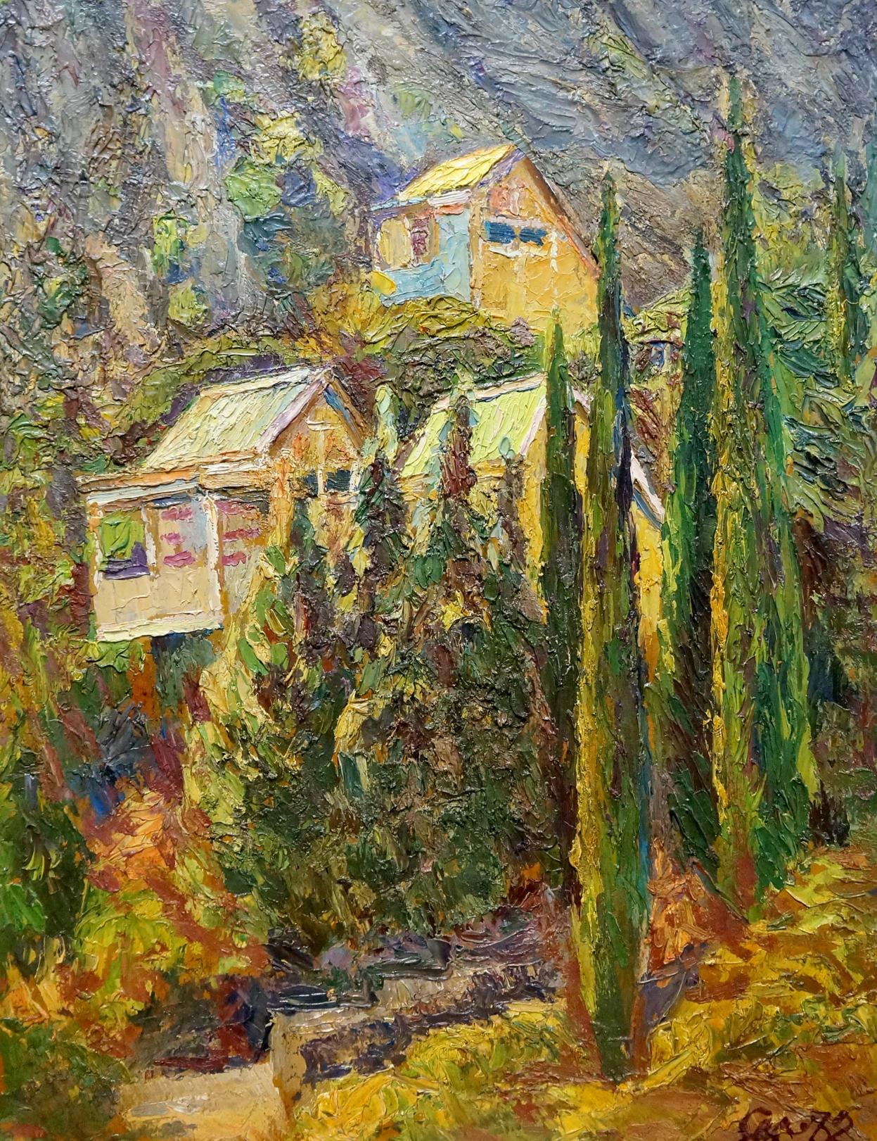 Vibrant impressionist oil painting of yellow houses, cypress trees, and mountains
