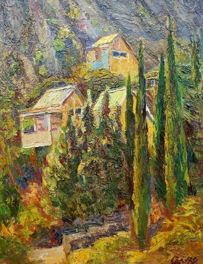 Vibrant impressionist oil painting of yellow houses, cypress trees, and mountains