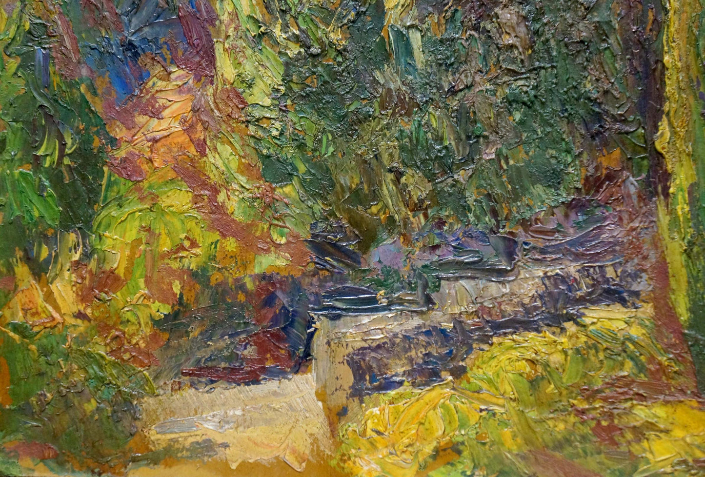 Textured impasto oil painting of forest landscape with mountain in vibrant greens