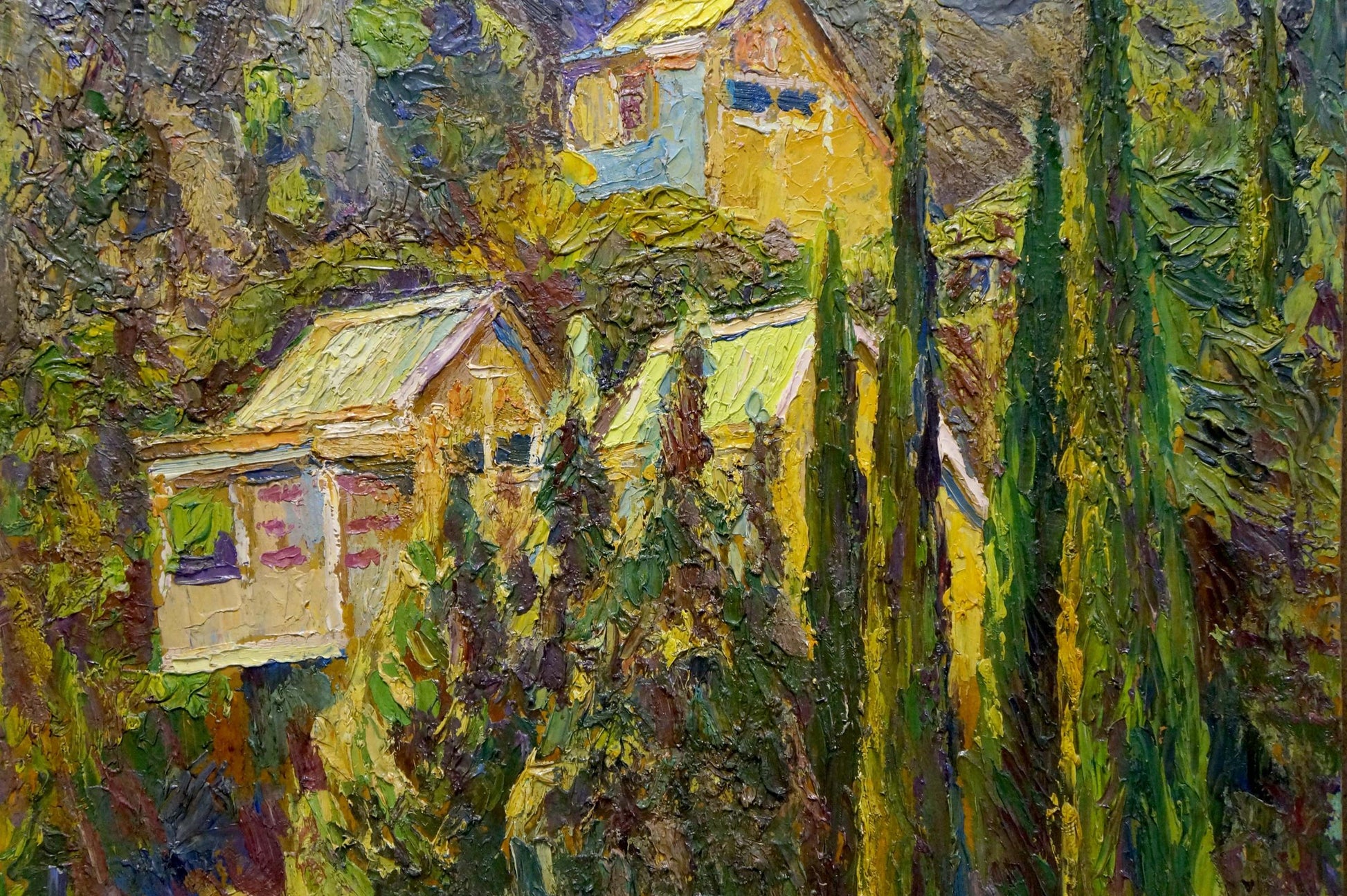 Vibrant impasto oil painting of sunlit village, cypress trees and mountains