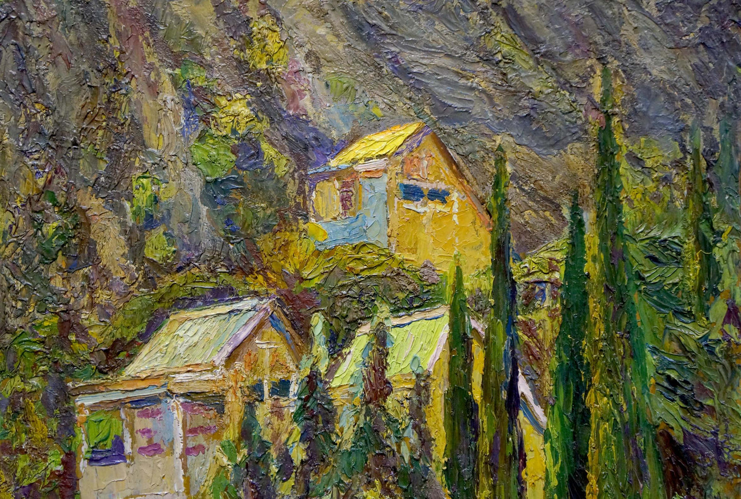 Oil painting landscape with mountain: yellow houses, cypress trees