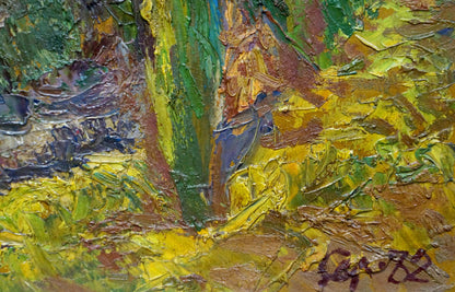 Impressionistic oil painting of textured tree trunk in vibrant greens, yellows, and mountain landscape