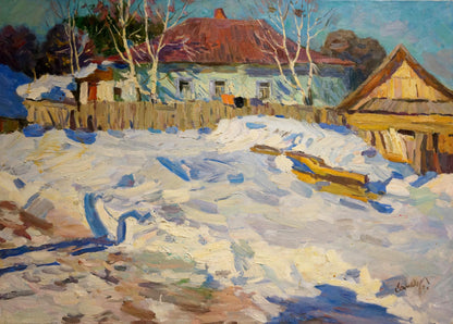 Oil painting by Samokhvalov A.N.: rustic house with red roof in snowy landscape