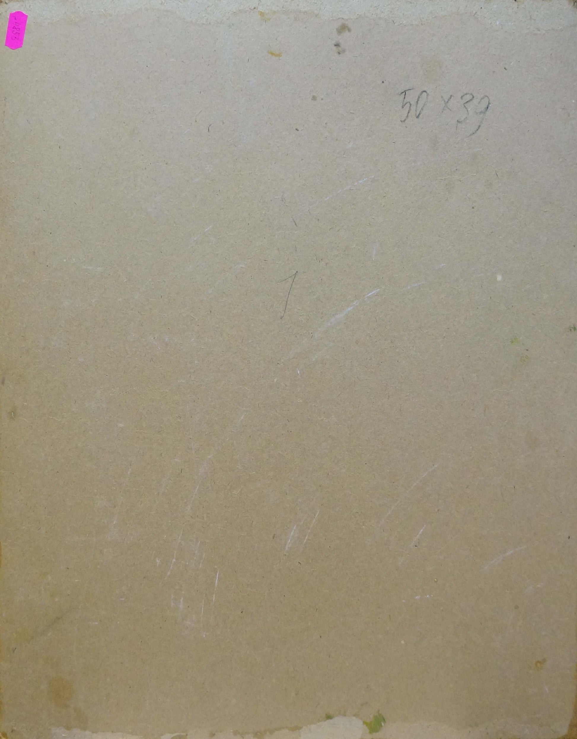 Back of Oil painting Landscape with mountain on beige textured paper with pink sticker