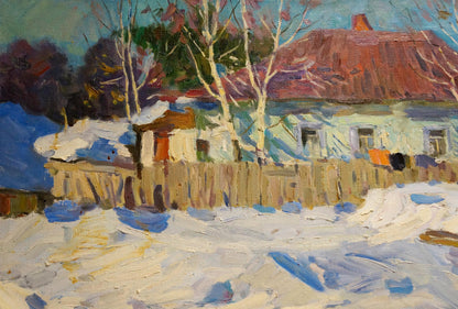 Impressionistic oil painting of rustic white winter house by Samokhvalov A.N