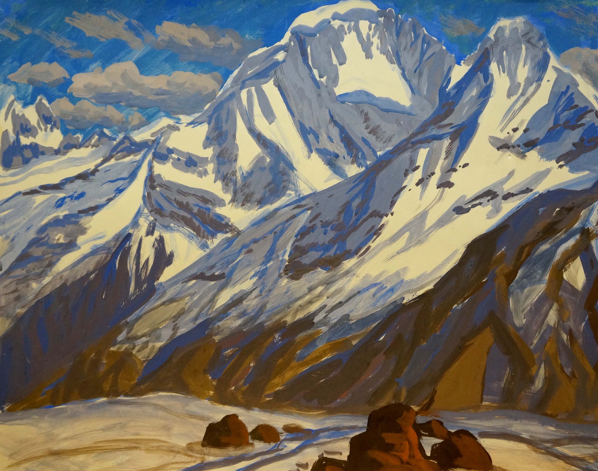 Tempera painting of snow-capped mountain range with rugged peaks