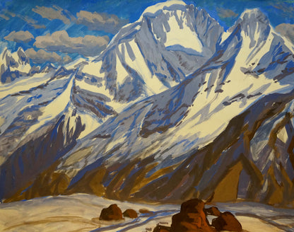 Tempera painting of snow-capped mountain range with rugged peaks