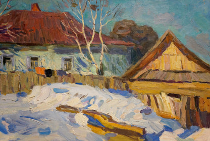 Oil painting by Samokhvalov A.N.: rustic wooden house with red roof in snowy yard