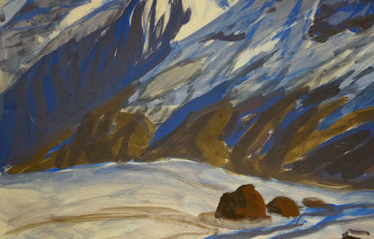 Tempera painting of snow-covered mountain range in blue, white, brown tones